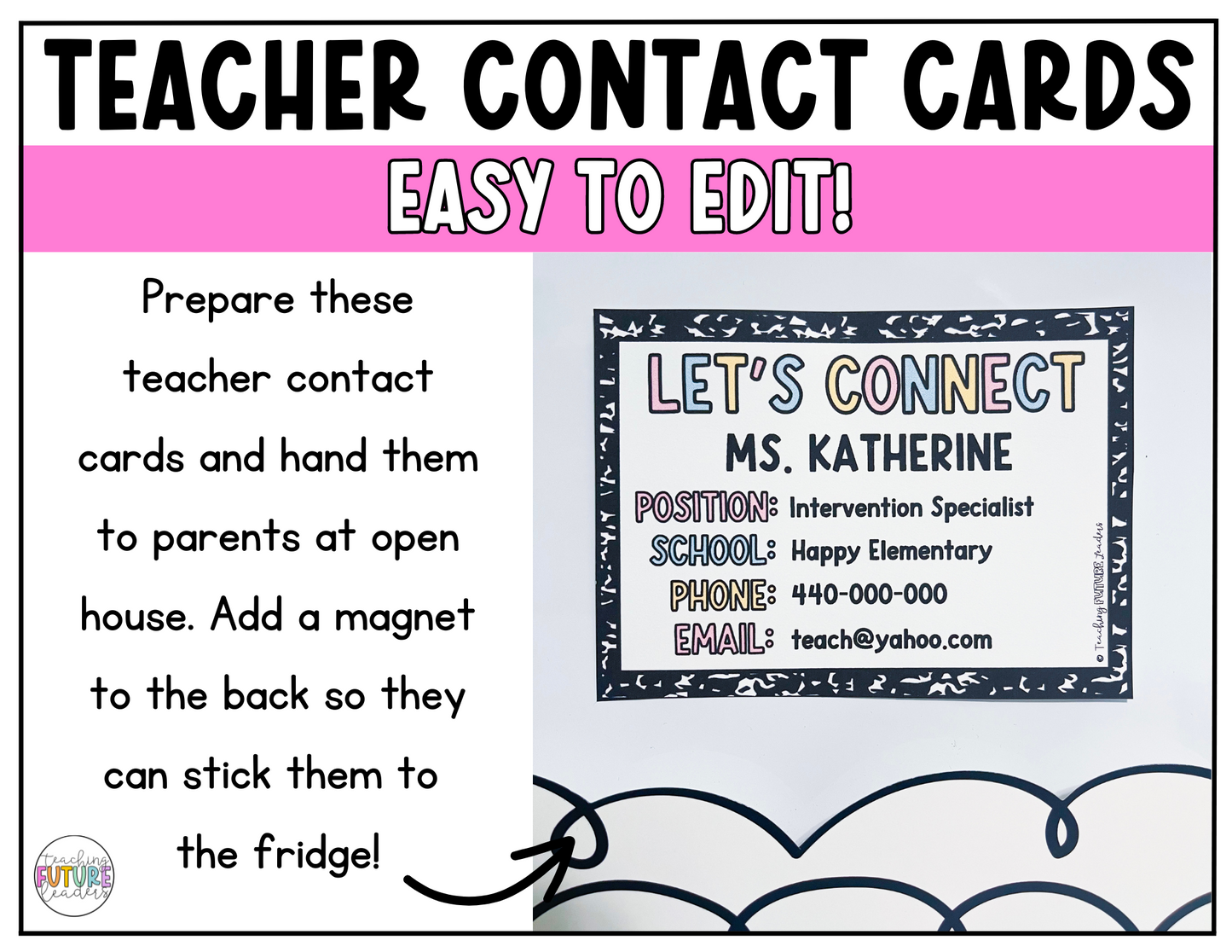 Editable Teacher Contact Cards | Composition Notebook Theme